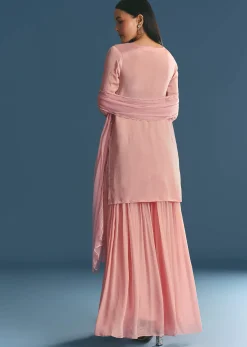 Pink Chinon Kurta Palazzo Suit With Moti And Cut Dana Work