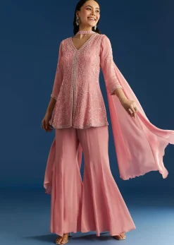 Pink Chinon Kurta Set With Choker Style Dupatta