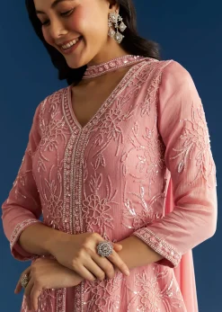 Pink Chinon Kurta Set With Choker Style Dupatta