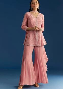 Pink Chinon Kurta Set With Choker Style Dupatta
