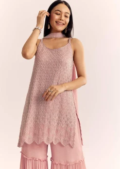 Pink Chinon Kurta Set With Cutdana Moti And Choker Dupatta