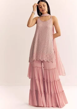 Pink Chinon Kurta Set With Cutdana Moti And Choker Dupatta
