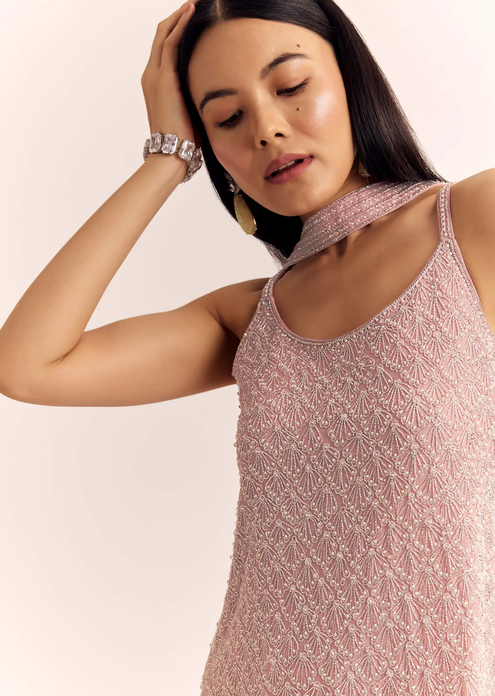 Pink Chinon Kurta Set With Cutdana Moti And Choker Dupatta