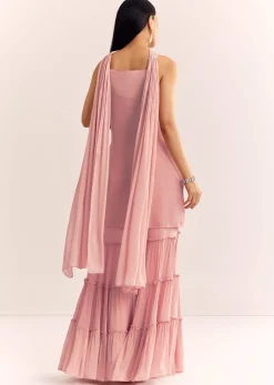 Pink Chinon Kurta Set With Cutdana Moti And Choker Dupatta