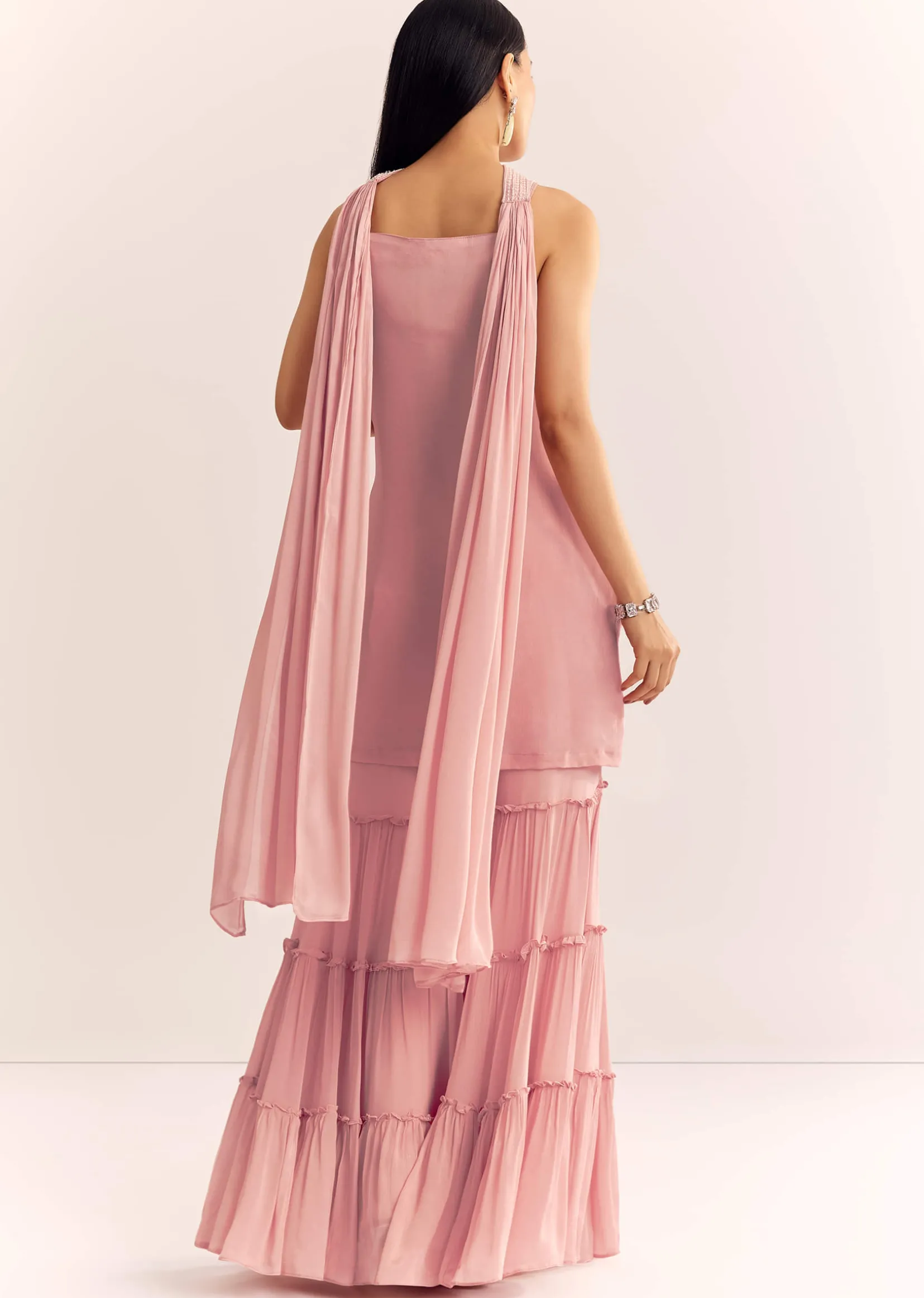 Pink Chinon Kurta Set With Cutdana Moti And Choker Dupatta