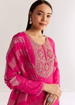Pink Chinon Kurta Set With Zardosi And Cutdana Dupatta