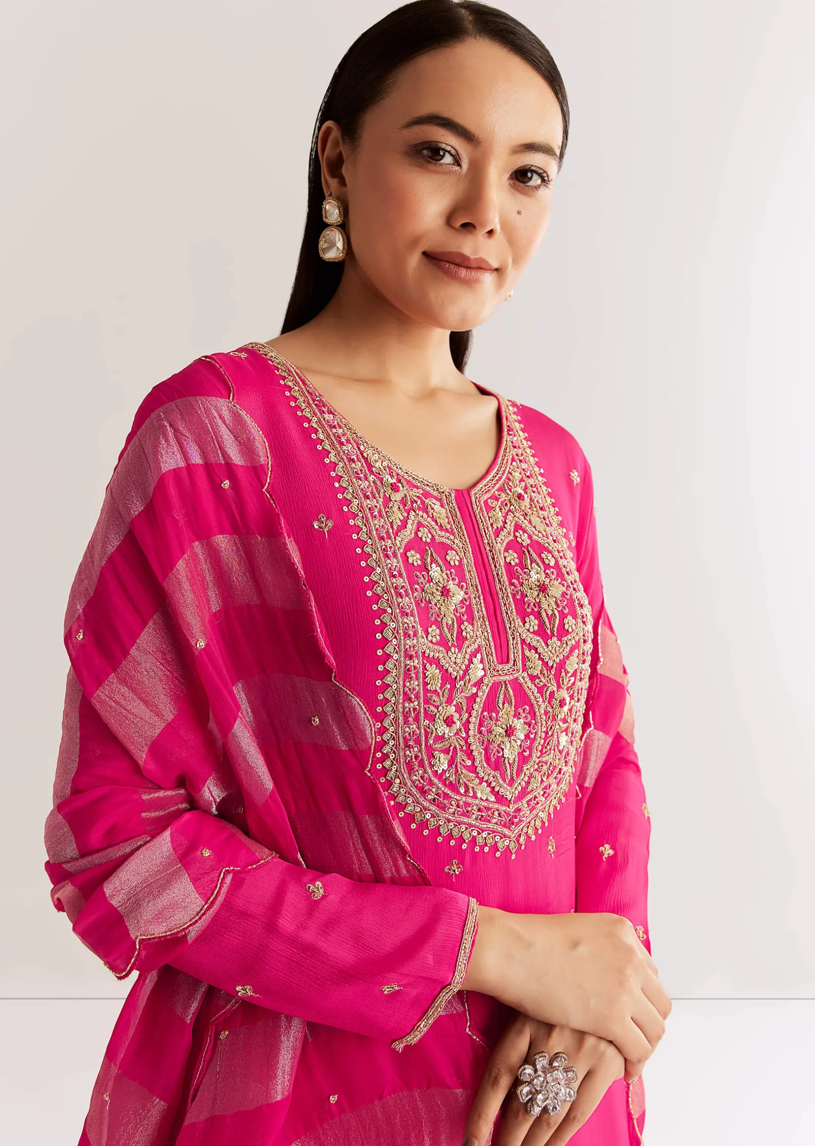 Pink Chinon Kurta Set With Zardosi And Cutdana Dupatta