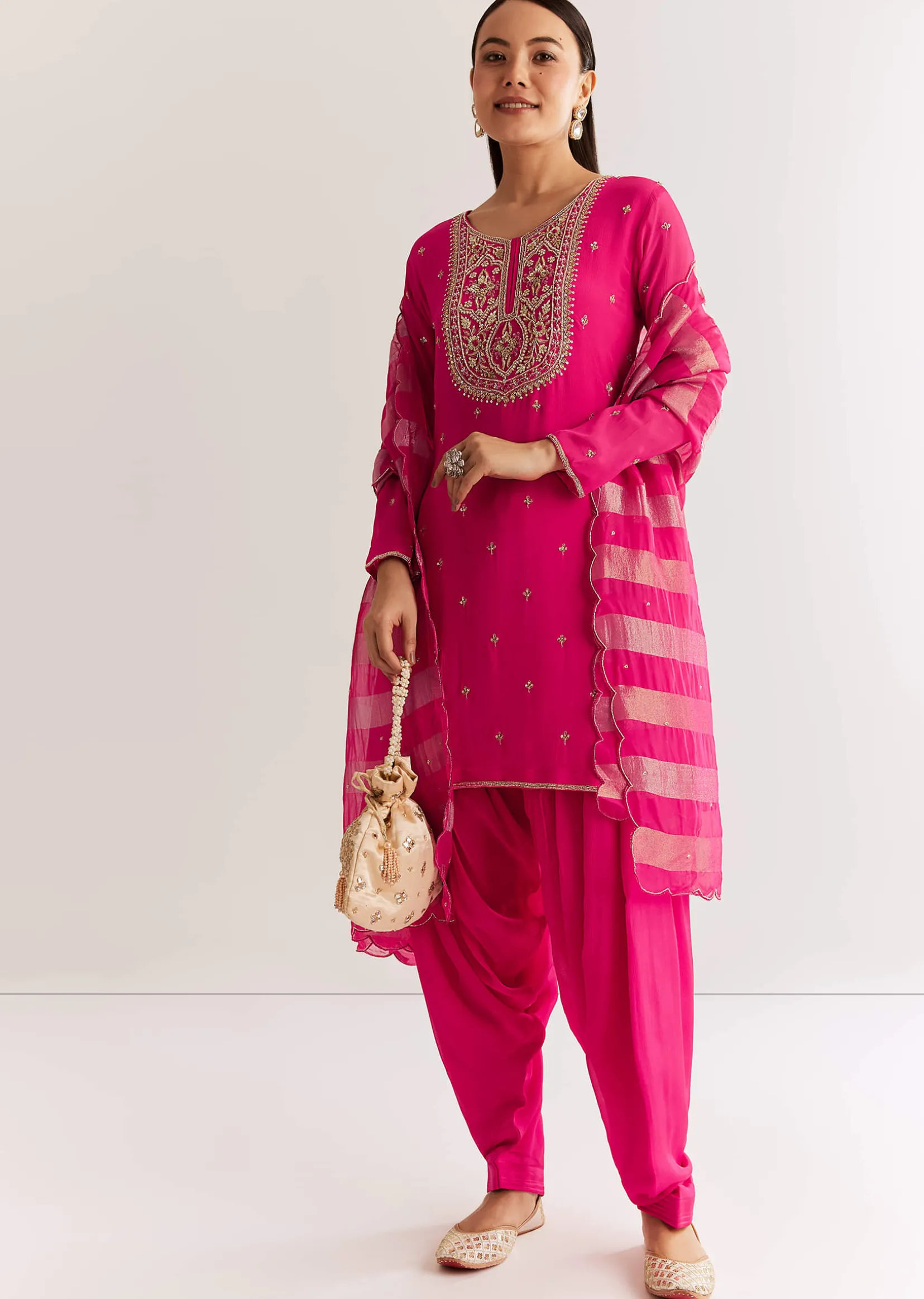 Pink Chinon Kurta Set With Zardosi And Cutdana Dupatta