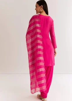 Pink Chinon Kurta Set With Zardosi And Cutdana Dupatta