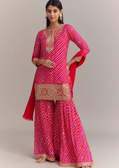 Pink Chinon Leheriya Embroidered Sharara Set