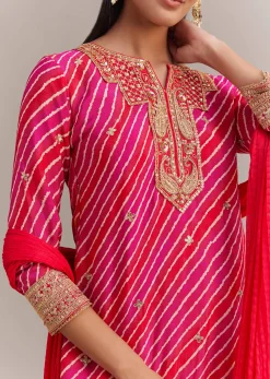 Pink Chinon Leheriya Embroidered Sharara Set