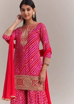 Pink Chinon Leheriya Embroidered Sharara Set