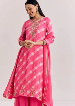 Pink Chinon Palazzo Suit With Zardosi And Thread Work