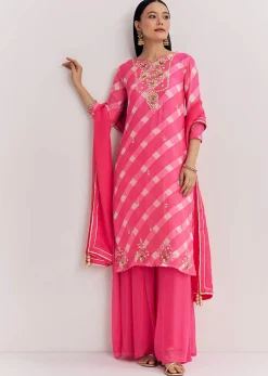 Pink Chinon Palazzo Suit With Zardosi And Thread Work