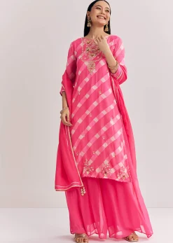 Pink Chinon Palazzo Suit With Zardosi And Thread Work