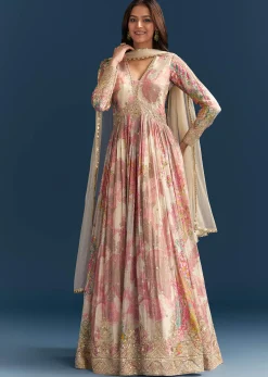 Pink Chinon Printed Anarkali Suit With Festive Flair
