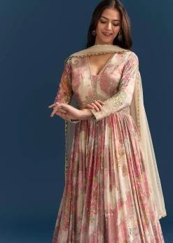 Pink Chinon Printed Anarkali Suit With Festive Flair