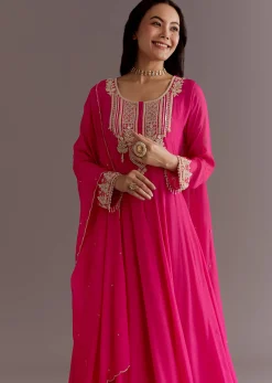 Pink Chinon Thread Sequin Embroidered Anarkali Dupatta Suit