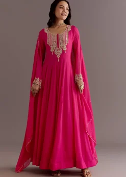 Pink Chinon Thread Sequin Embroidered Anarkali Dupatta Suit
