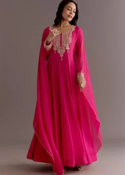 Pink Chinon Thread Sequin Embroidered Anarkali Dupatta Suit