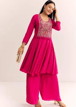 Pink Chinon Zardosi Work Kurta Palazzo Suit