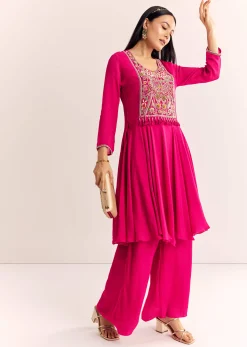 Pink Chinon Zardosi Work Kurta Palazzo Suit