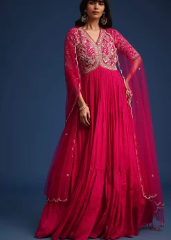 Pink Chinon Zardozi Work Anarkali With Net Dupatta