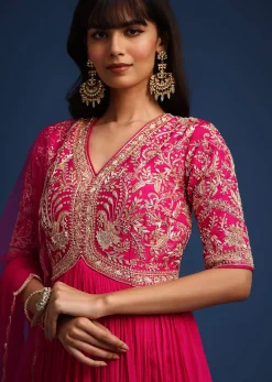 Pink Chinon Zardozi Work Anarkali With Net Dupatta