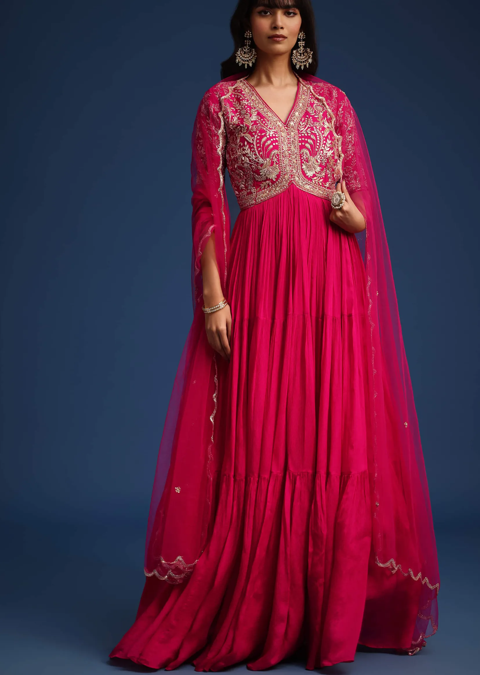 Pink Chinon Zardozi Work Anarkali With Net Dupatta