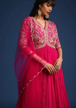 Pink Chinon Zardozi Work Anarkali With Net Dupatta