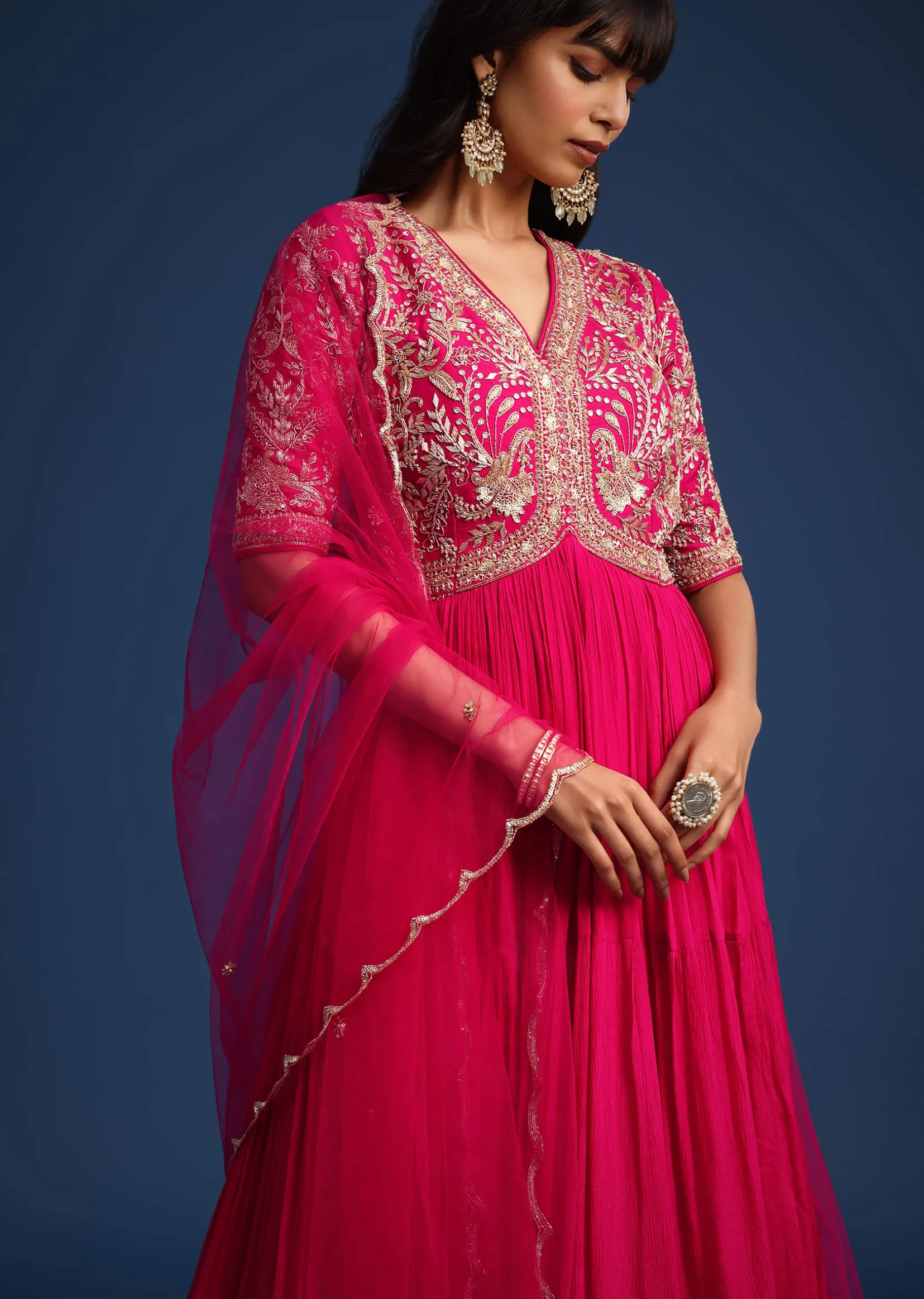 Pink Chinon Zardozi Work Anarkali With Net Dupatta