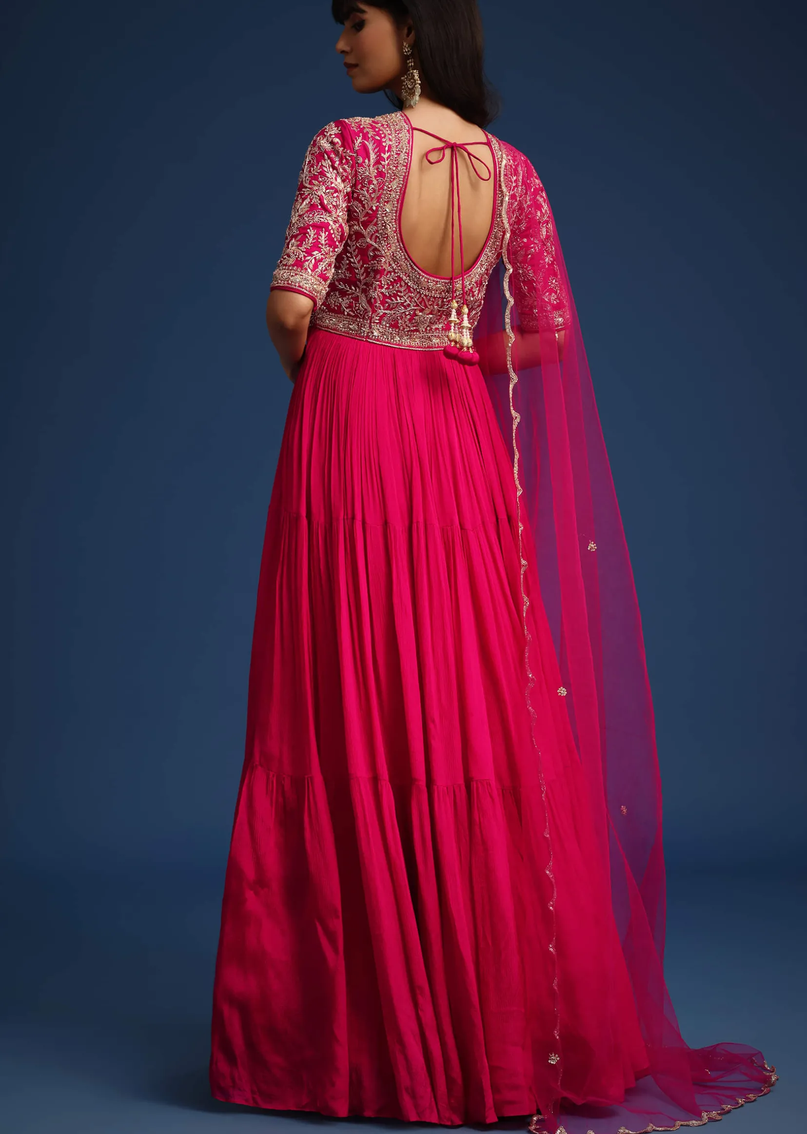 Pink Chinon Zardozi Work Anarkali With Net Dupatta