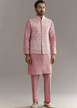 Pink Cotton Silk Jacket Kurta Set With Mirror And Dori Work