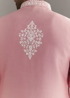 Pink Cotton Silk Jacket Kurta Set With Mirror And Dori Work