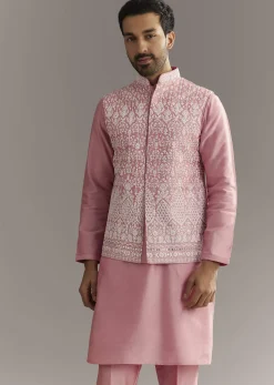Pink Cotton Silk Jacket Kurta Set With Mirror And Dori Work