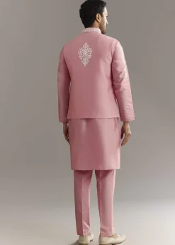 Pink Cotton Silk Jacket Kurta Set With Mirror And Dori Work