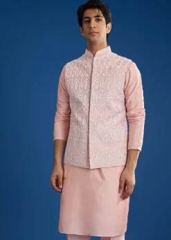 Pink Cotton Silk Jacket Kurta Set With Threadwork