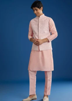 Pink Cotton Silk Jacket Kurta Set With Threadwork