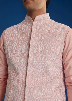 Pink Cotton Silk Jacket Kurta Set With Threadwork