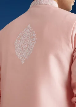 Pink Cotton Silk Jacket Kurta Set With Threadwork