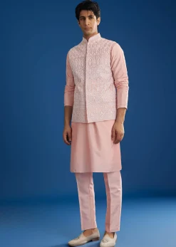 Pink Cotton Silk Jacket Kurta Set With Threadwork