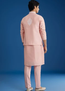 Pink Cotton Silk Jacket Kurta Set With Threadwork