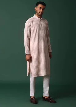 Pink Cotton Silk Kurta Set With Intricate Thread Work Embroidery