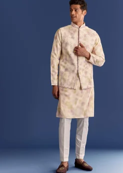 Pink Cotton Silk Tie Dye Printed Kurta Jacket Set With Mirror Work