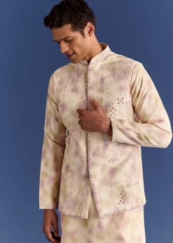 Pink Cotton Silk Tie Dye Printed Kurta Jacket Set With Mirror Work