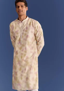 Pink Cotton Silk Tie Dye Printed Kurta Jacket Set With Mirror Work