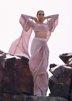 Pink Cowl Blouse With Draped Skirt And Jacket