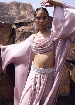 Pink Cowl Blouse With Draped Skirt And Jacket