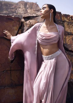 Pink Cowl Blouse With Draped Skirt And Jacket