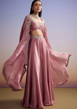 Pink Crepe Crop Top And Cape Set With Embroidery